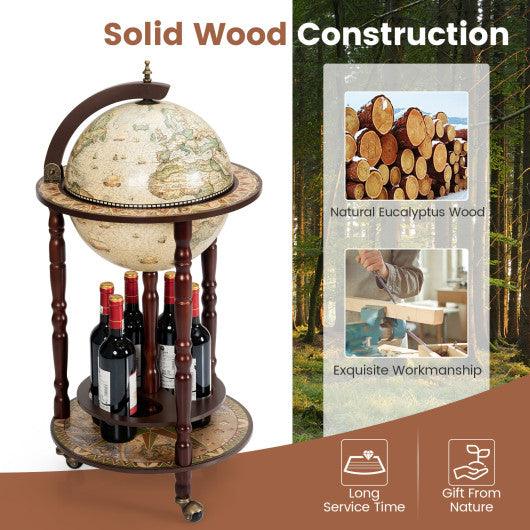 17 Inch Italian Style Design Wooden Globe Liquor Bottle Wine Rack with Wheels at Set Shop and Smile