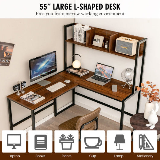 Reversible L-Shaped Corner Desk with Storage Bookshelf-Walnut - Set Shop and Smile