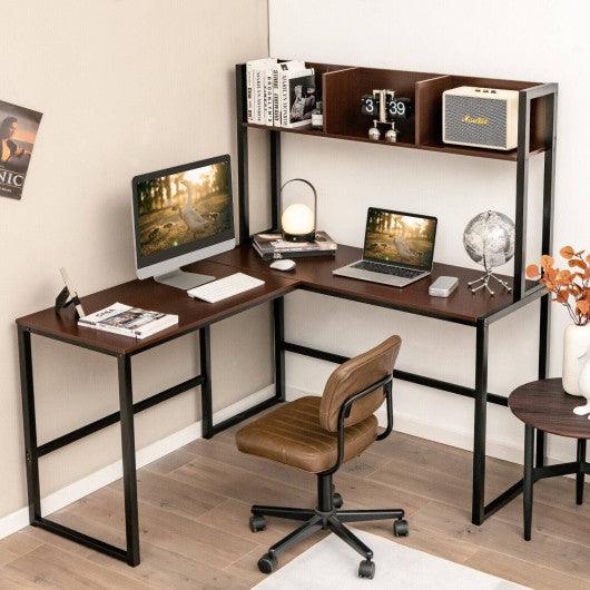 Reversible L-Shaped Corner Desk with Storage Bookshelf-Dark Brown at Set Shop and Smile