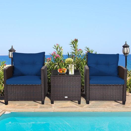 3 Pcs Patio Rattan Furniture Set Cushioned Conversation Set Coffee Table-Navy at Set Shop and Smile