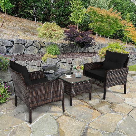 3 Pcs Outdoor Patio Rattan Conversation Set with Seat Cushions-Black at Set Shop and Smile
