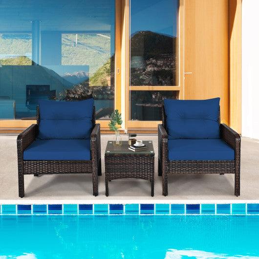 3 Pieces Outdoor Patio Rattan Conversation Set with Seat Cushions-Navy at Set Shop and Smile