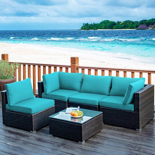5 Pieces Cushioned Patio Rattan Furniture Set with Glass Table-Turquoise at Set Shop and Smile