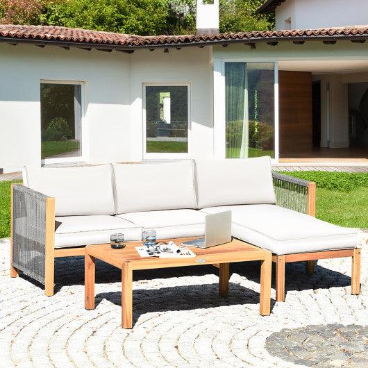 3 Pieces Patio Acacia Wood Sofa Furniture Set with Nylon Rope Armrest-White at Set Shop and Smile