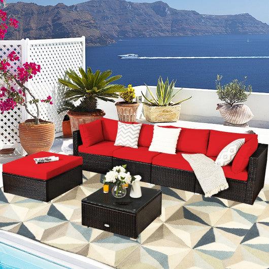 6 Pieces Outdoor Patio Rattan Furniture Set Sofa Ottoman-Red at Set Shop and Smile
