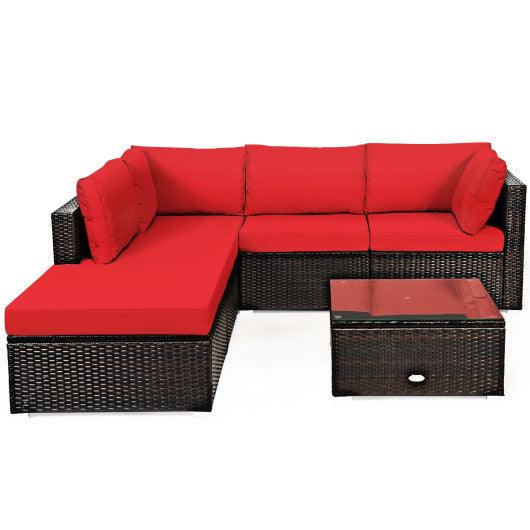 6 Pieces Outdoor Patio Rattan Furniture Set Sofa Ottoman-Red at Set Shop and Smile