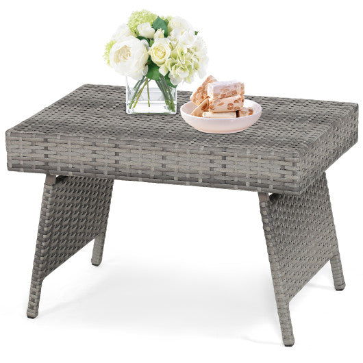 Folding PE Rattan Side Coffee Table Patio Garden Furniture-Gray - Set Shop and Smile