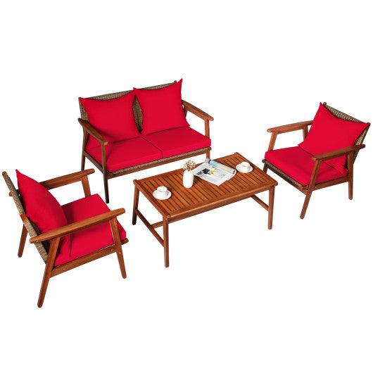 4 Piece Acacia Wood Patio Rattan Furniture Set-Red at Set Shop and Smile