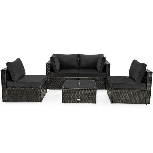 5 Pieces Cushioned Patio Rattan Furniture Set with Glass Table-Black at Set Shop and Smile