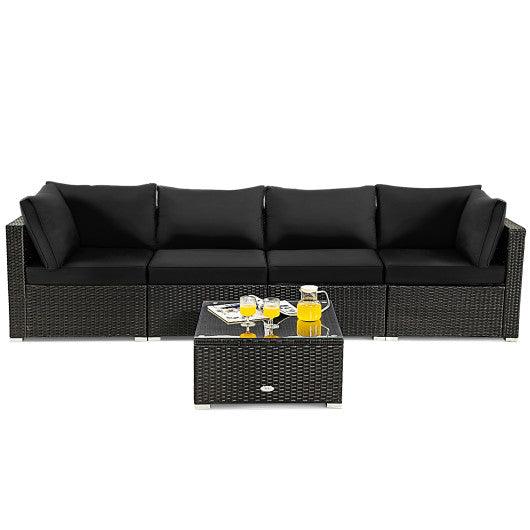 5 Pieces Cushioned Patio Rattan Furniture Set with Glass Table-Black at Set Shop and Smile