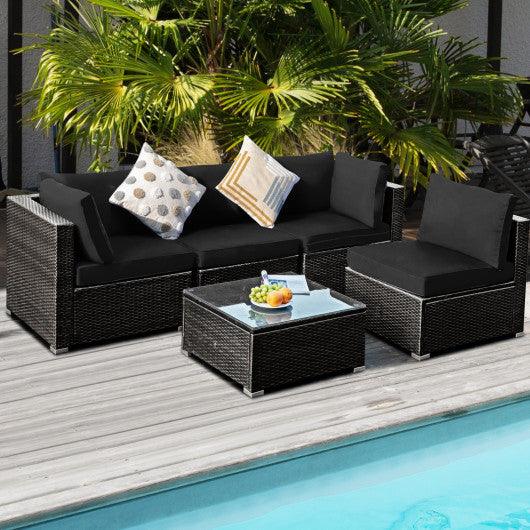5 Pieces Cushioned Patio Rattan Furniture Set with Glass Table-Black at Set Shop and Smile