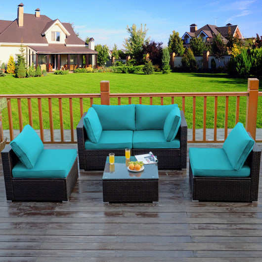 5 Pieces Cushioned Patio Rattan Furniture Set with Glass Table-Turquoise - Set Shop and Smile