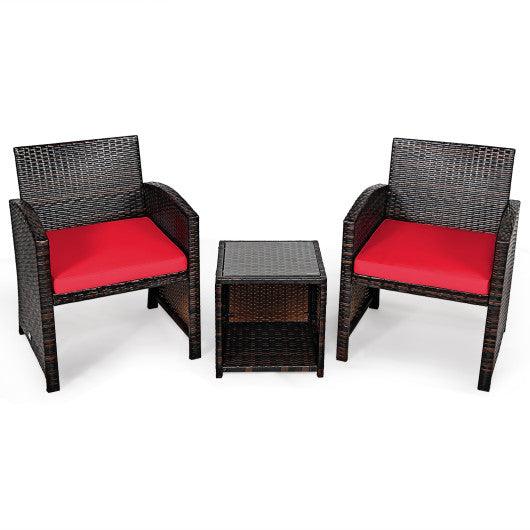 3 Pieces PE Rattan Wicker Furniture Set with Cushion Sofa Coffee Table for Garden-Red at Set Shop and Smile