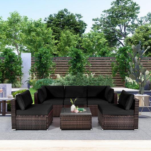 6 Pieces Patio Rattan Furniture Set with Cushions and Glass Coffee Table-Black at Set Shop and Smile