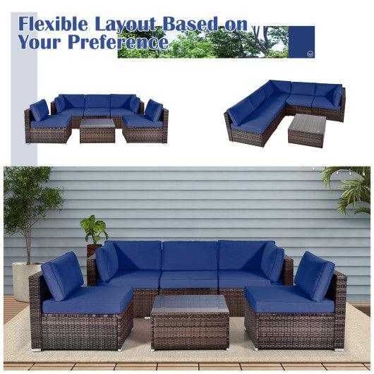 6 Pieces Patio Rattan Furniture Set with Cushions and Glass Coffee Table-Navy at Set Shop and Smile