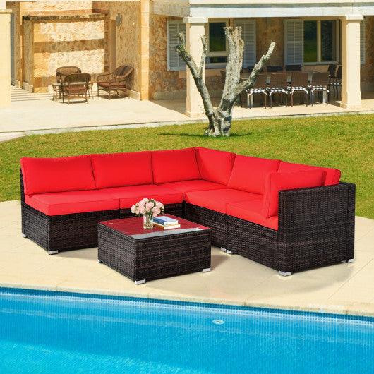 6 Pieces Patio Rattan Furniture Set with Cushions and Glass Coffee Table-Red at Set Shop and Smile