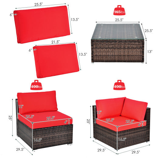 6 Pieces Patio Rattan Furniture Set with Cushions and Glass Coffee Table-Red - Set Shop and Smile