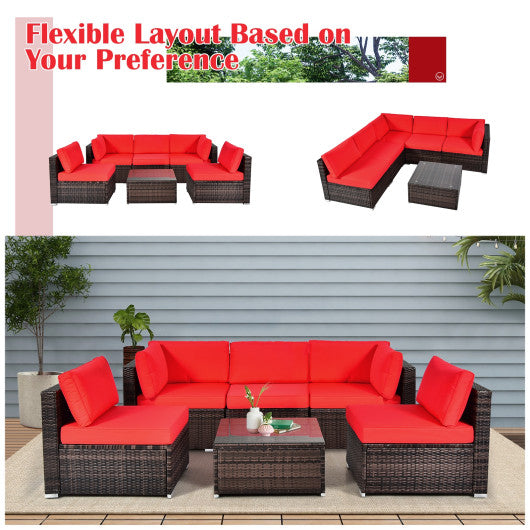 6 Pieces Patio Rattan Furniture Set with Cushions and Glass Coffee Table-Red - Set Shop and Smile