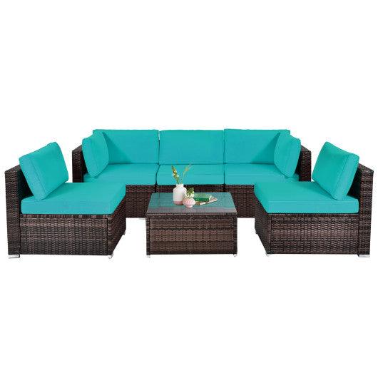 6 Pieces Patio Rattan Furniture Set with Cushions and Glass Coffee Table-Turquoise at Set Shop and Smile