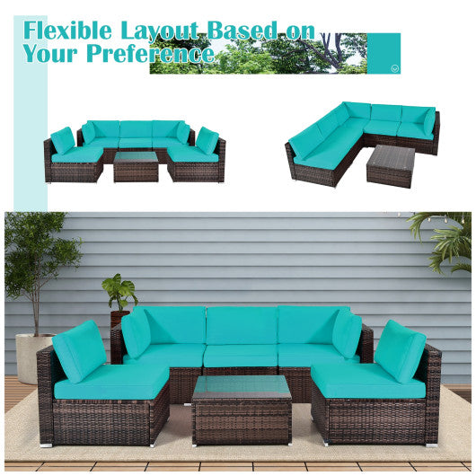 6 Pieces Patio Rattan Furniture Set with Cushions and Glass Coffee Table-Turquoise - Set Shop and Smile