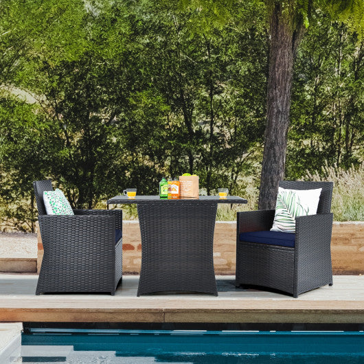 3 Pieces Patio Rattan Furniture Set with Cushion and Sofa Armrest-Navy - Set Shop and Smile