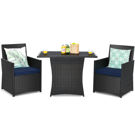 3 Pieces Patio Rattan Furniture Set with Cushion and Sofa Armrest-Navy - Set Shop and Smile