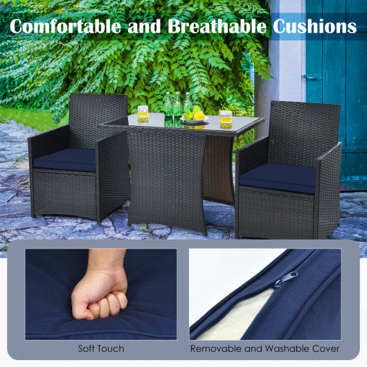3 Pieces Patio Rattan Furniture Set with Cushion and Sofa Armrest-Navy - Set Shop and Smile