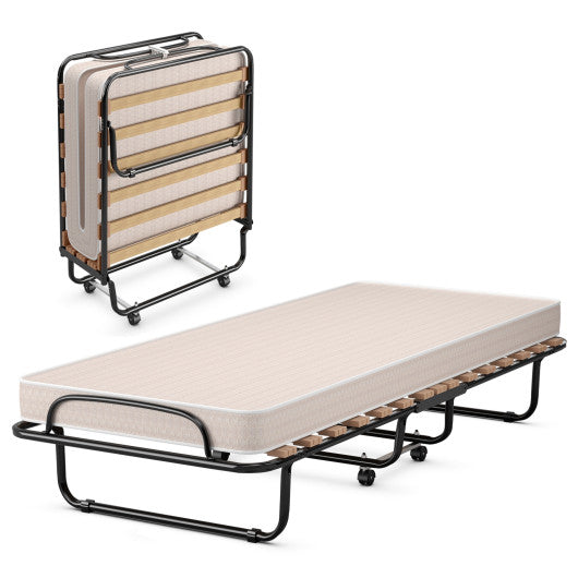 Portable Folding Bed with Memory Foam Mattress and Sturdy Metal Frame Made in Italy-Beige - Set Shop and Smile
