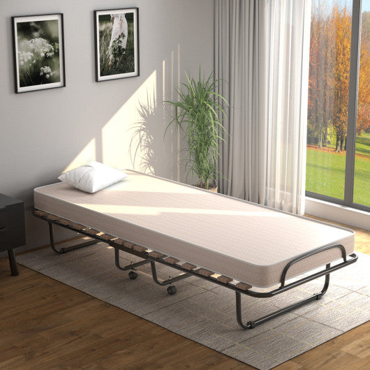 Portable Folding Bed with Memory Foam Mattress and Sturdy Metal Frame Made in Italy-Beige - Set Shop and Smile