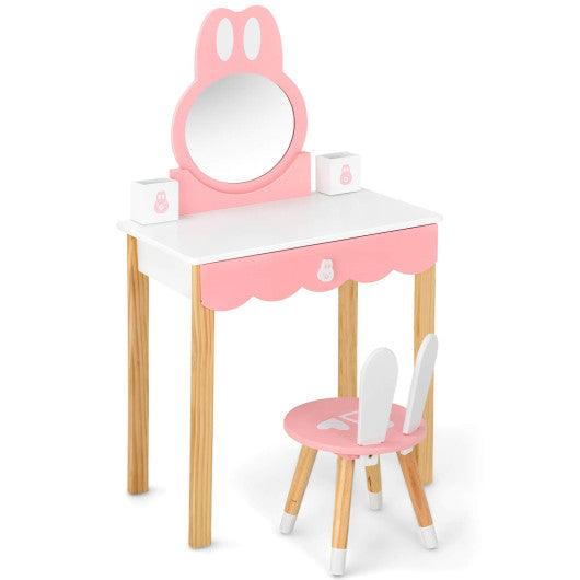 Kids Vanity Set Rabbit Makeup Dressing Table Chair Set with Mirror and Drawer-White at Set Shop and Smile