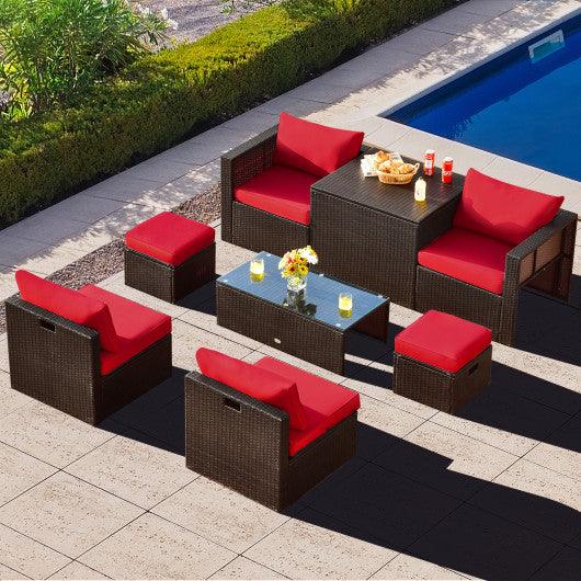 8 Pieces Patio Space-Saving Rattan Furniture Set with Storage Box and Waterproof Cover-Red at Set Shop and Smile