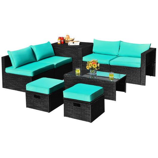 8 Pieces Patio Rattan Storage Table Furniture Set-Turquoise at Set Shop and Smile