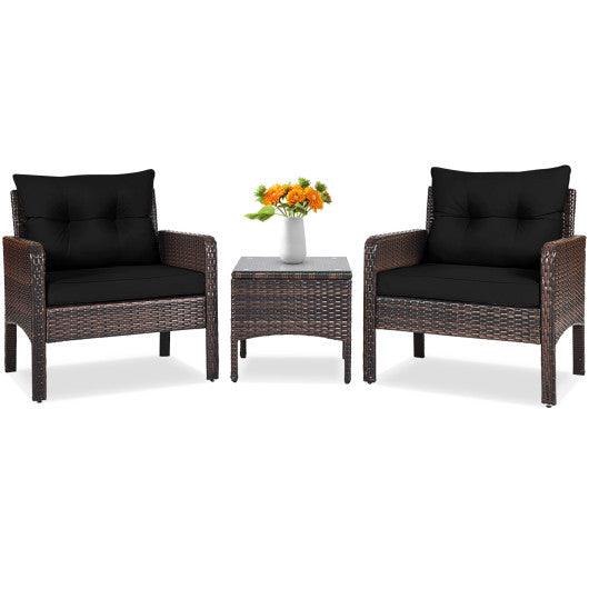 3 Pcs Outdoor Patio Rattan Conversation Set with Seat Cushions-Black at Set Shop and Smile