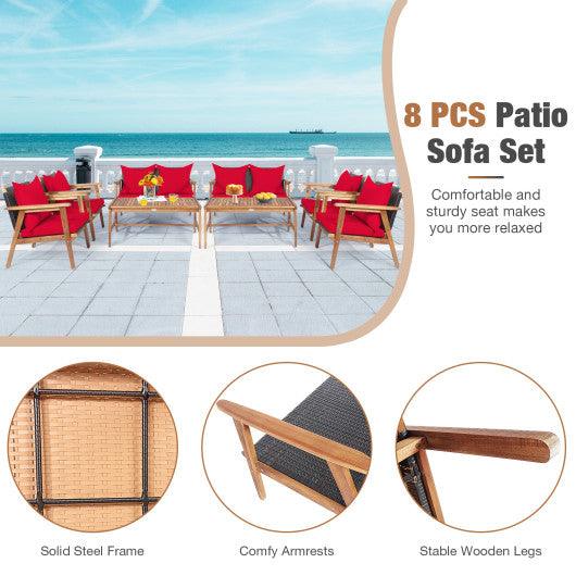 4 Piece Acacia Wood Patio Rattan Furniture Set-Red at Set Shop and Smile