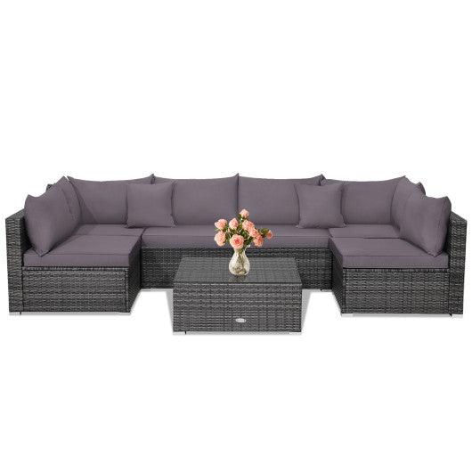 7 Pieces Patio Rattan Furniture Set Sectional Sofa Garden Cushion-Gray at Set Shop and Smile