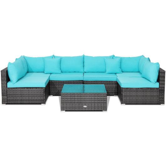 7 Pieces Patio Rattan Furniture Set with Sectional Sofa Cushioned-Turquoise at Set Shop and Smile