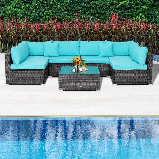 7 Pieces Patio Rattan Furniture Set with Sectional Sofa Cushioned-Turquoise at Set Shop and Smile