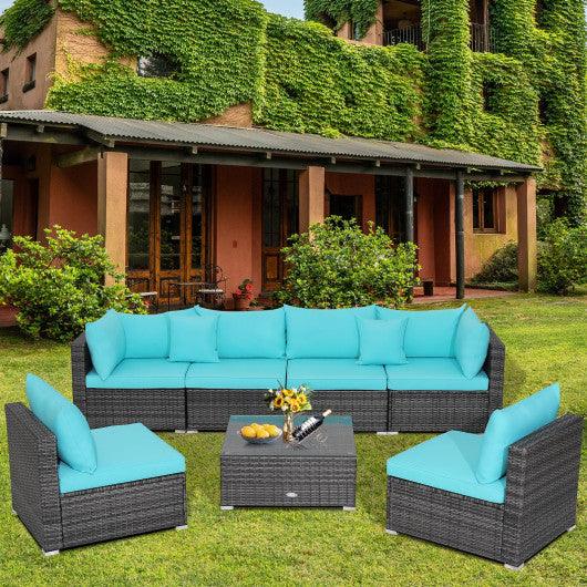 7 Pieces Patio Rattan Furniture Set with Sectional Sofa Cushioned-Turquoise at Set Shop and Smile