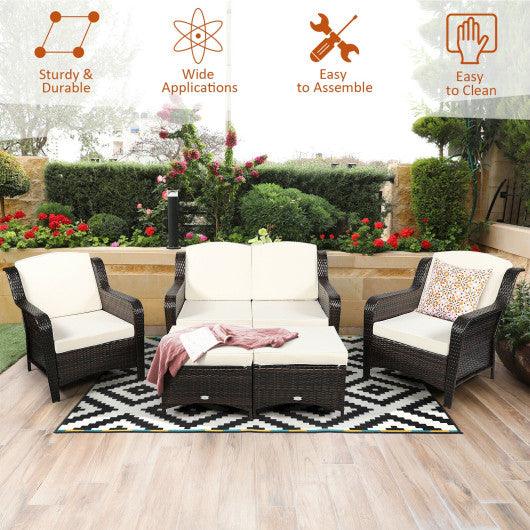 5 Pieces Patio Rattan Sofa Set with Cushion and Ottoman-Off White at Set Shop and Smile