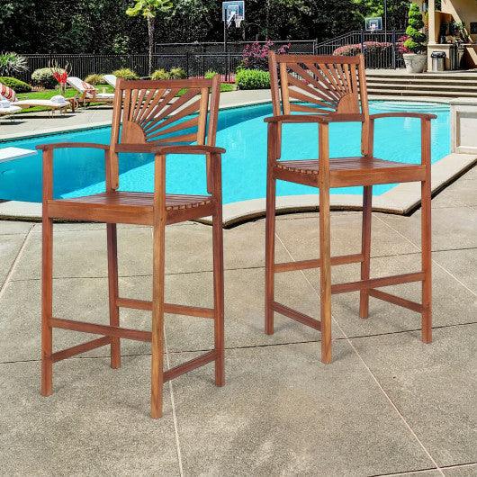 2 Pieces Outdoor Acacia Wood Bar Chairs with Sunflower Backrest and Armrests at Set Shop and Smile