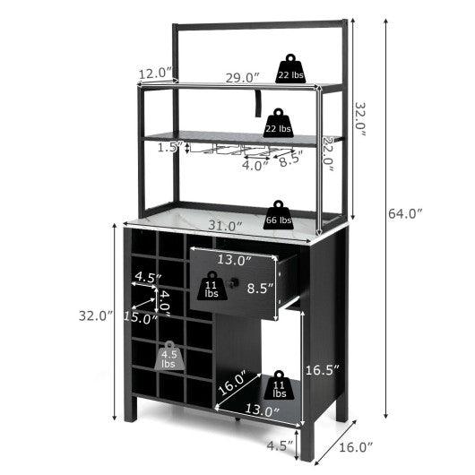 Kitchen Bakers Rack Freestanding Wine Rack Table with Glass Holder and Drawer-Black at Set Shop and Smile