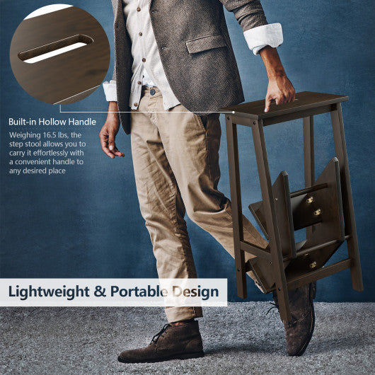 3-in-1 Rubber Wood 3 Tier Folding Step Stool Ladder Storage Shelf-Brown - Set Shop and Smile