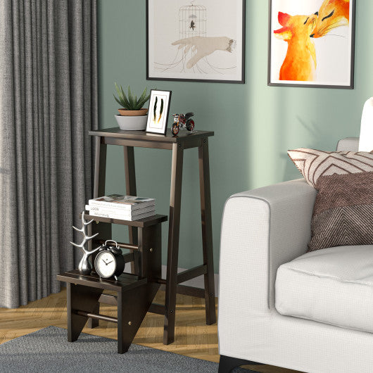 3-in-1 Rubber Wood 3 Tier Folding Step Stool Ladder Storage Shelf-Brown - Set Shop and Smile