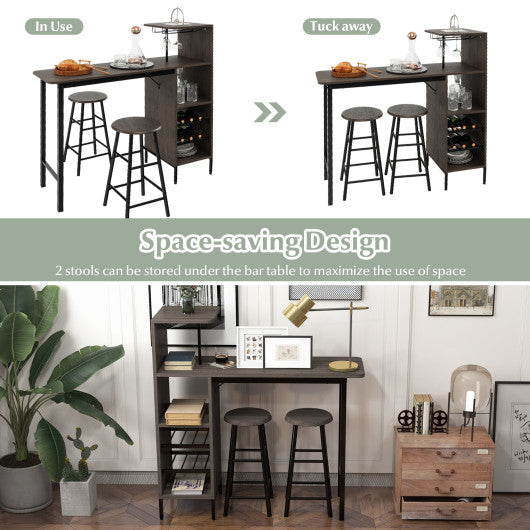 3 Piece Bar Table and Chairs Set with 6-Bottle Wine Rack-Brown - Set Shop and Smile