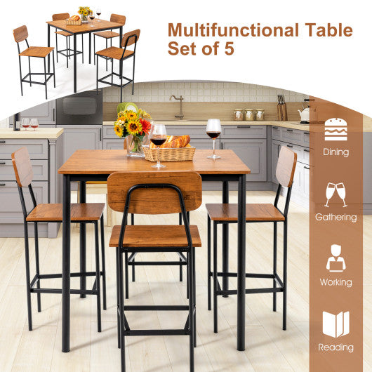 5-Piece Industrial Dining Table Set with Counter Height Table and 4 Bar Stools-Walnut - Set Shop and Smile