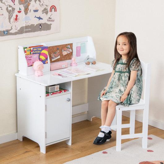 Wooden Kids Study Desk and Chair Set with Storage Cabinet and Bulletin Board-White at Set Shop and Smile