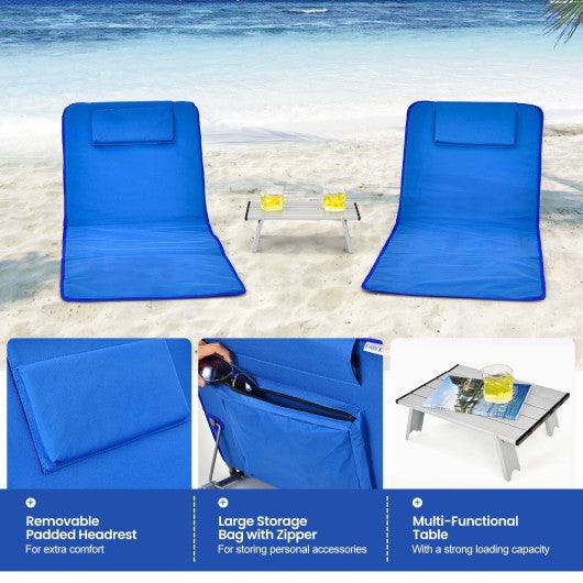 3 Pieces Beach Lounge Chair Mat Set 2 Adjustable Lounge Chairs with Table Stripe-Blue at Set Shop and Smile