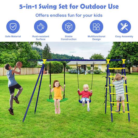 5-In-1 Outdoor Kids Swing Set with A-Shaped Metal Frame and Ground Stake at Set Shop and Smile