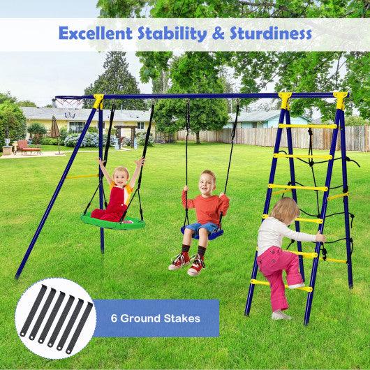 5-In-1 Outdoor Kids Swing Set with A-Shaped Metal Frame and Ground Stake at Set Shop and Smile