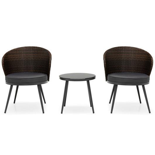 3 Pieces Patio Rattan Bistro Set with 2 Seat Cushions and Tempered Glass Tabletop-Brown at Set Shop and Smile